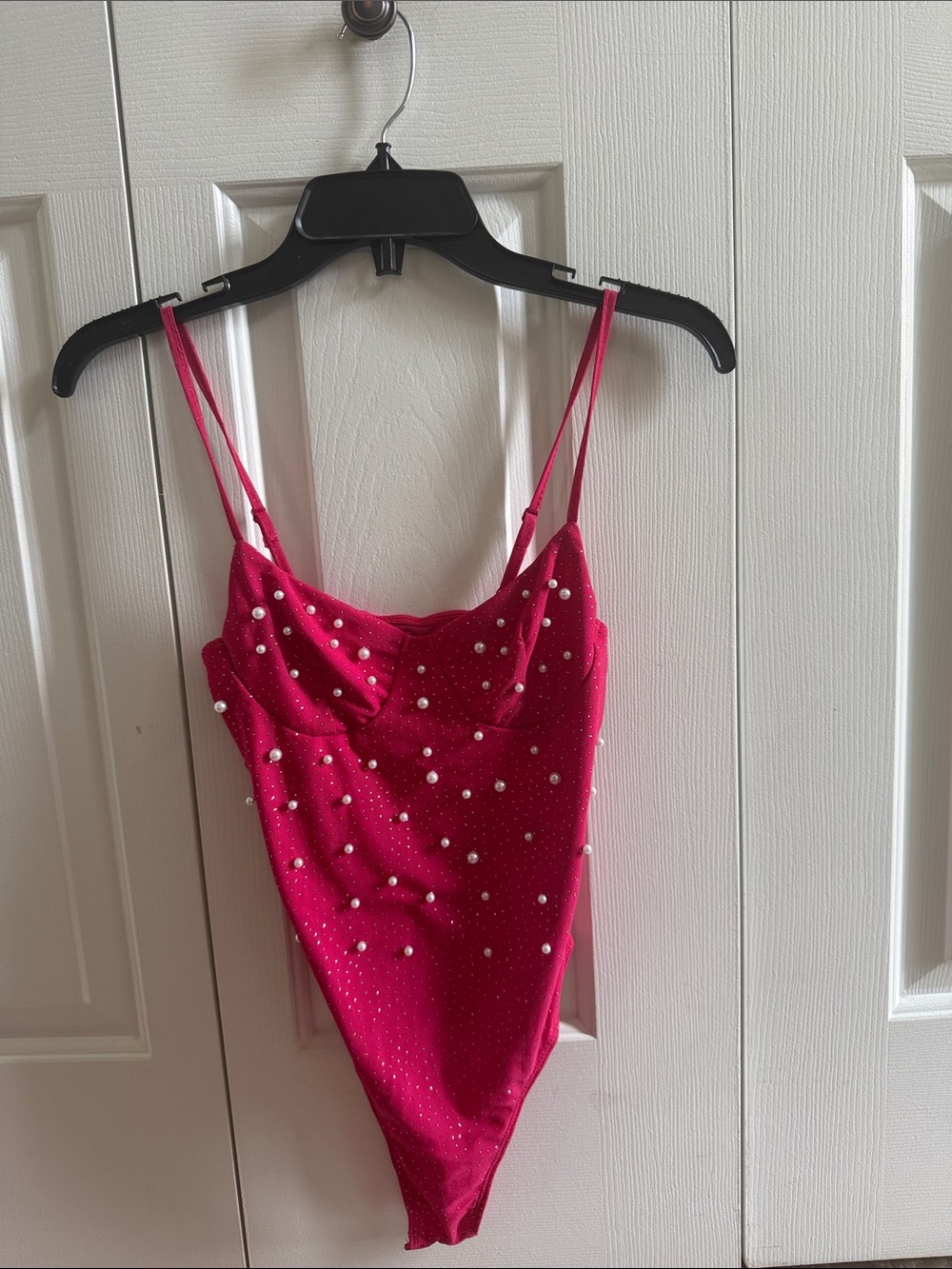 Hot Pink Sparkly Pearl-Embellished Bodysuit XS